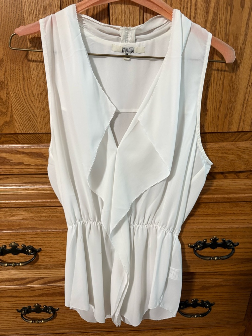 BB Dakota White Ruffle Front Sleeveless Sheet Blouse